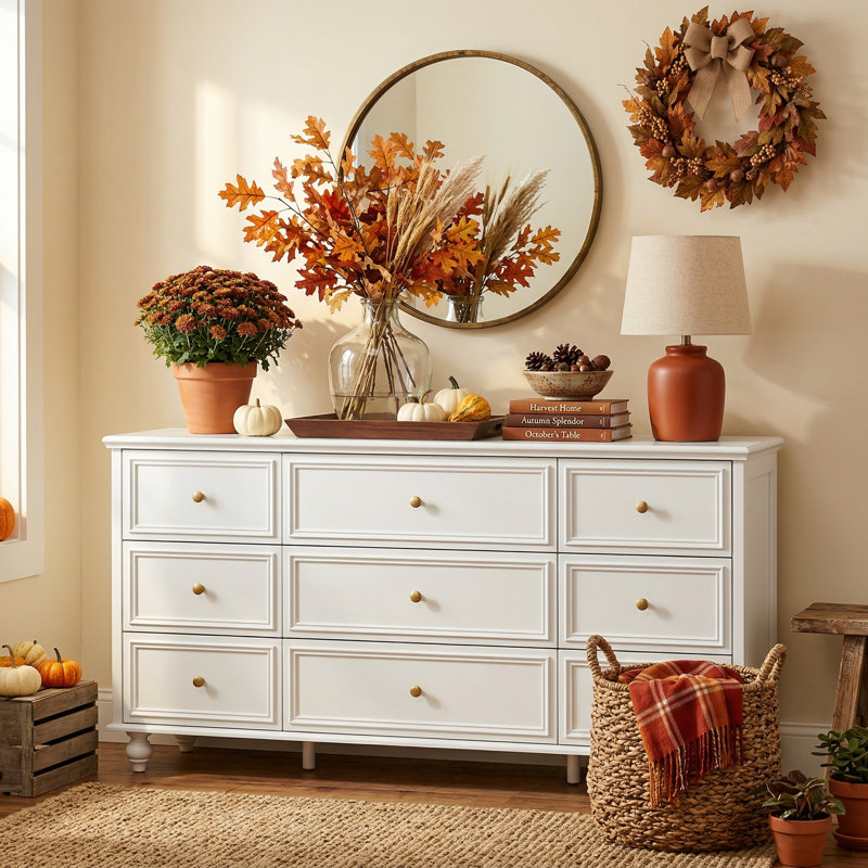 Classic Elegance 9-Drawer Dresser With Brass Knob Handles - Timeless, White