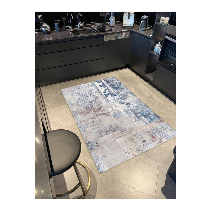 Tapis bleu moderne lavable à la machine, Tapis de couloir 2 pi 6 po x 6 pi 7 po inclus