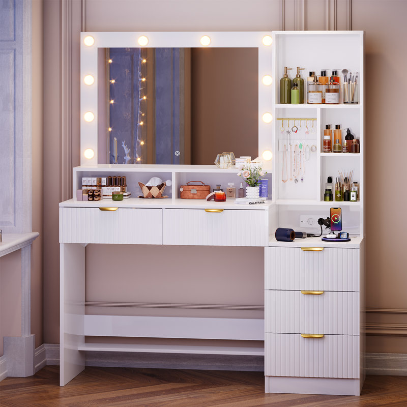 Dressing Table With USB Charge Make-up Desk Multi-storage Vanity Table, White