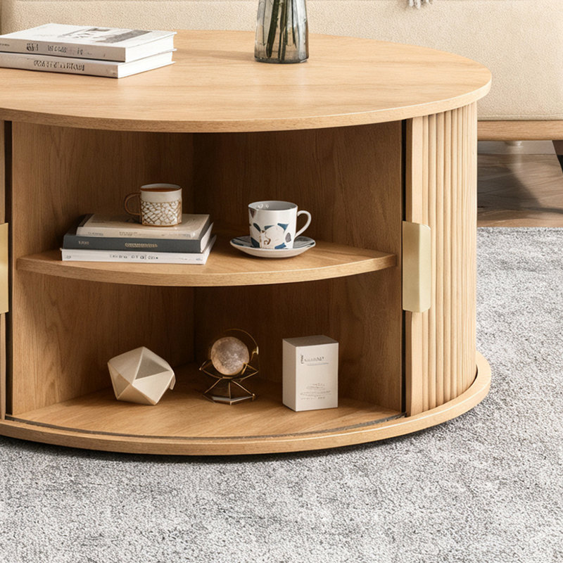 Ensemble de 2 tables basses rondes emboîtables, avec porte tambour ronde Mid-Century, Natural