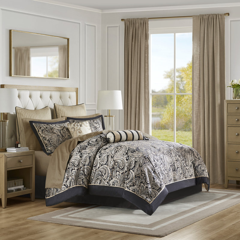 Ensemble d'édredon 12 pièces avec draps en coton, Édredon pour grand lit + 11 pièces additionnelle, Noir