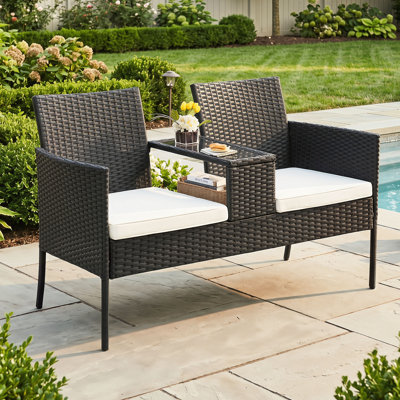 2-Seat Black Wicker Patio Loveseat with Table – Outdoor Rattan Set with Washable Cushion Covers, Black Rattan & White Cushions for Backyard, Garden & Lawn