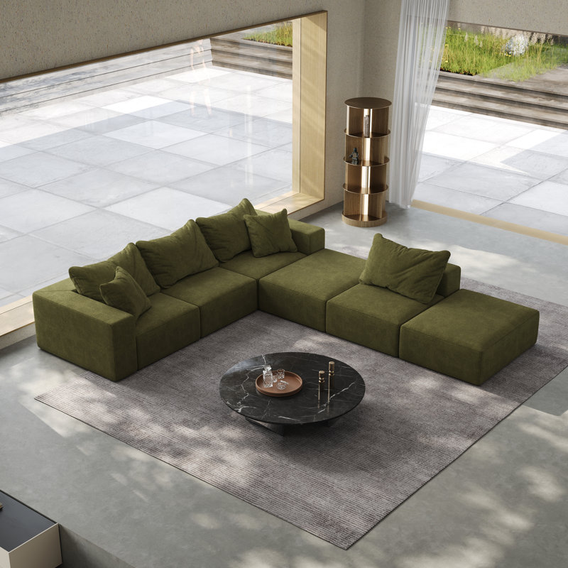 Canapé modulaire rembourré en L en chenille avec 6 coussins Ciriaca, Chenille verte