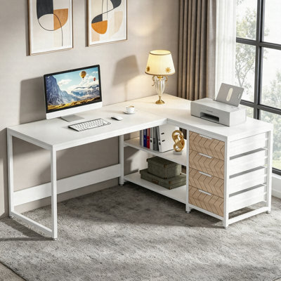 Bureau d'ordinateur en coin 59 po avec 4 tiroirs et tablettes de rangement en L 59 po
