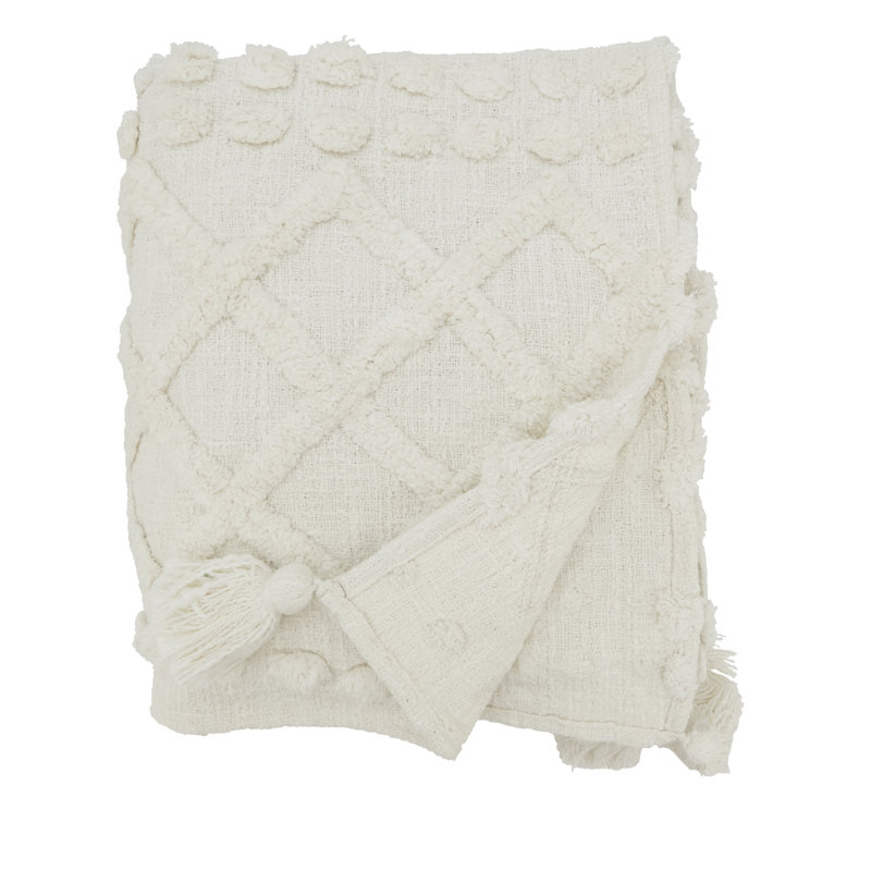 White Cotton Tufted Throw Blanket with Tassels, 50"x60"