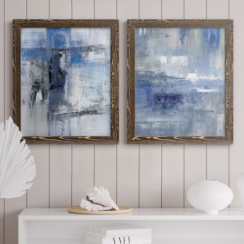 Reflections in Indigo - Peinture sur toile 2 pièces, H 31,5 po x l 47 po x P 1,5 po, Cadre noyer