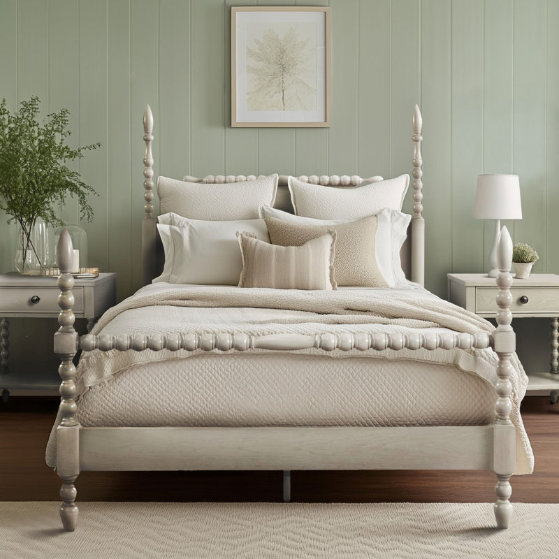 Beckett Solid Wood Low-Profile Bed Frame with Spindle Design, Queen, Antique Cream