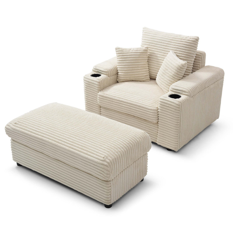 Chaise rembourrée avec repose-pieds Abegale, Velours côtelé crème