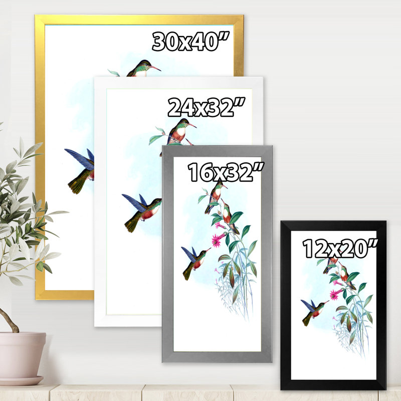 Colibri rétro IV - peinture sur toile, H 32 po x l 16 po x P 1 po, Cadre photo blanc