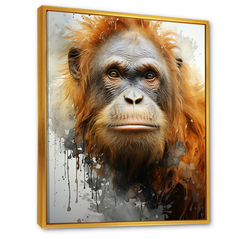 Orang-outan brun dans la forêt tropicale sur toile, Cadre flottant doré, H 44 po x l 34 po x P 1,5 po