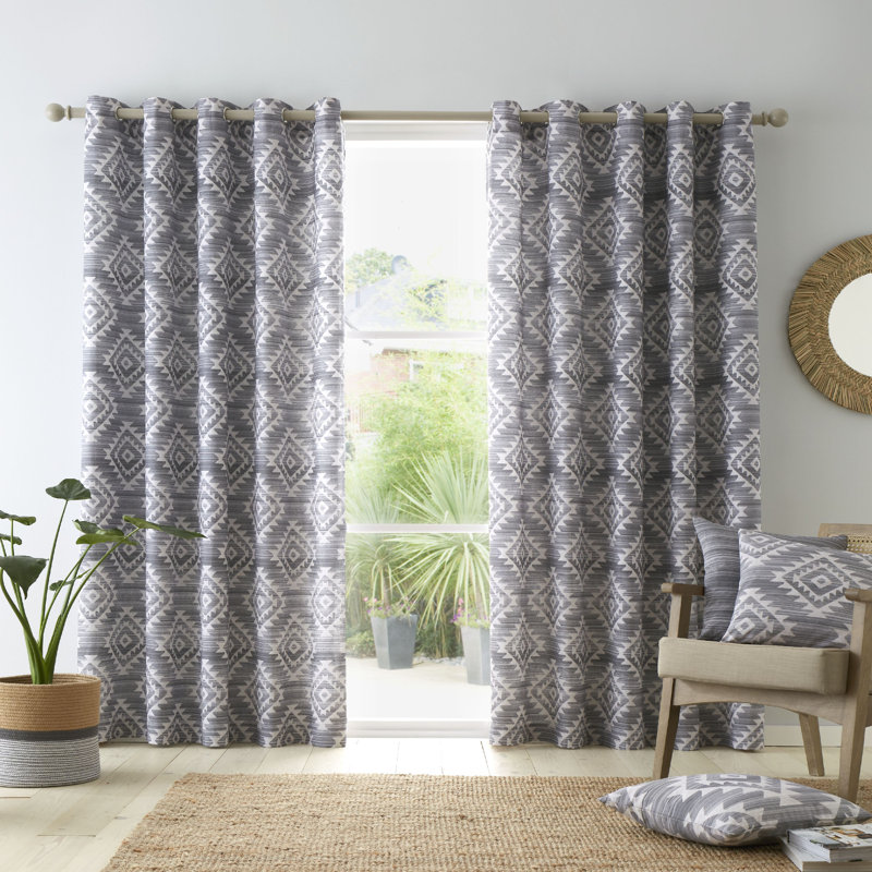 Aztec Geo Lined Eyelet Curtains, Grey, 229 W x 229 D cm