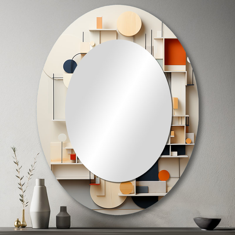 Abstrait géométrique blanc et bleu Essential Forms - Miroir mural moderne ovale, 43 po x 33 po