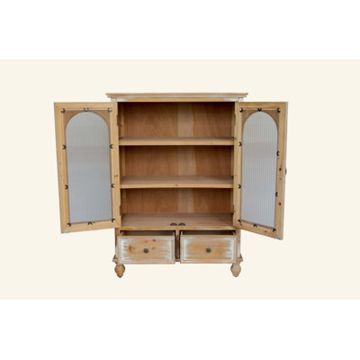 Armoire de rangement Farmhouse, armoire de cuisine en bois vieilli avec 2 portes en verre et 2 tiroirs, armoire de rangement rustique autoportante avec tablettes pour le salon, la salle à manger