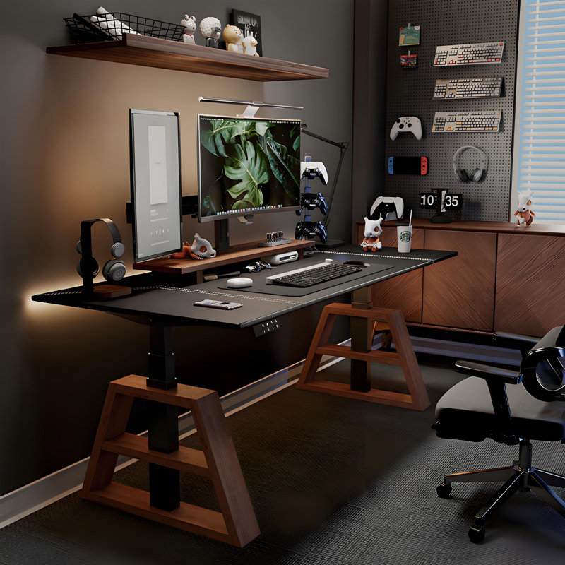 Bureau électrique à hauteur réglable en cuir noir italien de luxe avec pieds en bois massif et tiroirs doubles sous le bureau