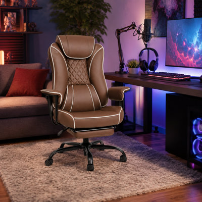 Brown Faux Leather High-Back Gaming Chair with Footrest, Padded Arms, Adjustable Height, and Casters