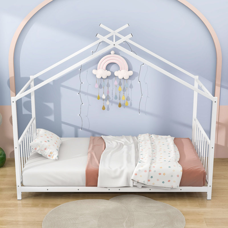 Abdus Twin Size Metal House Bed with Slats, White