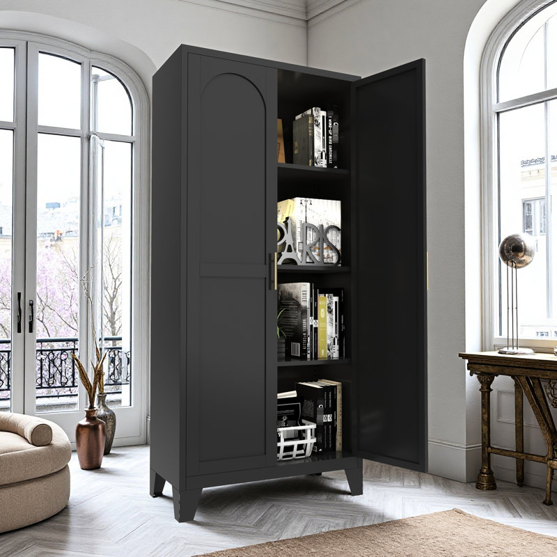 Armoire de 61 po en acier noir avec 2 portes et tablettes réglables, idéale pour la chambre à coucher, le salon, le couloir - grand rangement, écoénergétique, peu encombrante, facile à entretenir