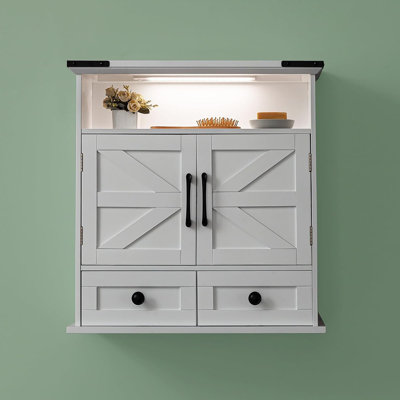 Armoire à pharmacie murale avec tiroir Farmhouse, 23 po x 25 po, 2 portes, capteur de mouvement et tablettes réglables, blanc Farmhouse