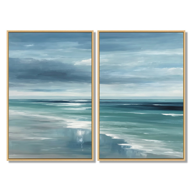 «Coastal Waves» dans des tons bleus et blancs - art mural côtier, impression sur toile 2 pièces, H 36 po x l 48 po, Crème