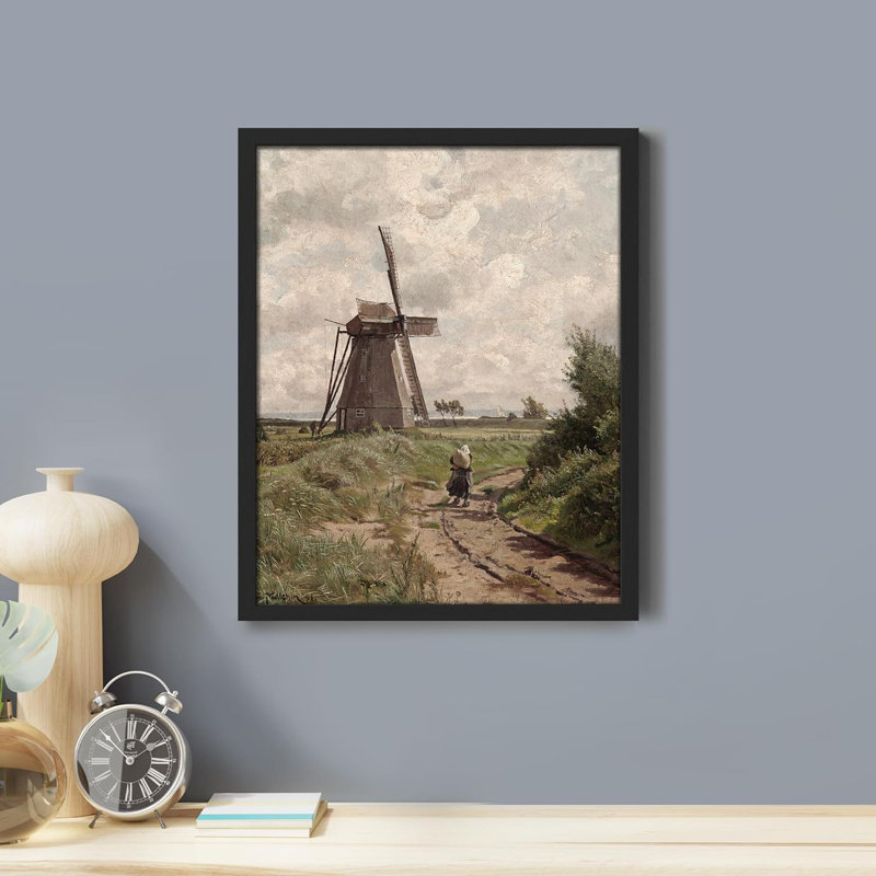 Sentier par le magnifique moulin à vent en campagne, reproduction d'art paysage naturel encadrée sur papier, Noir