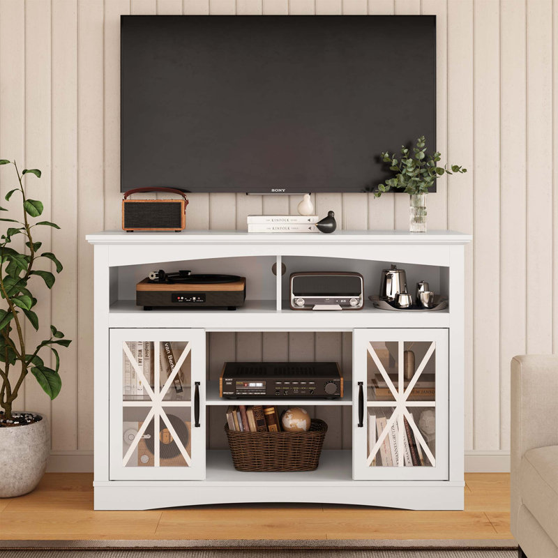 Console télé rétro avec tablettes réglables et éclairage DEL Retro Farmhouse, Blanc