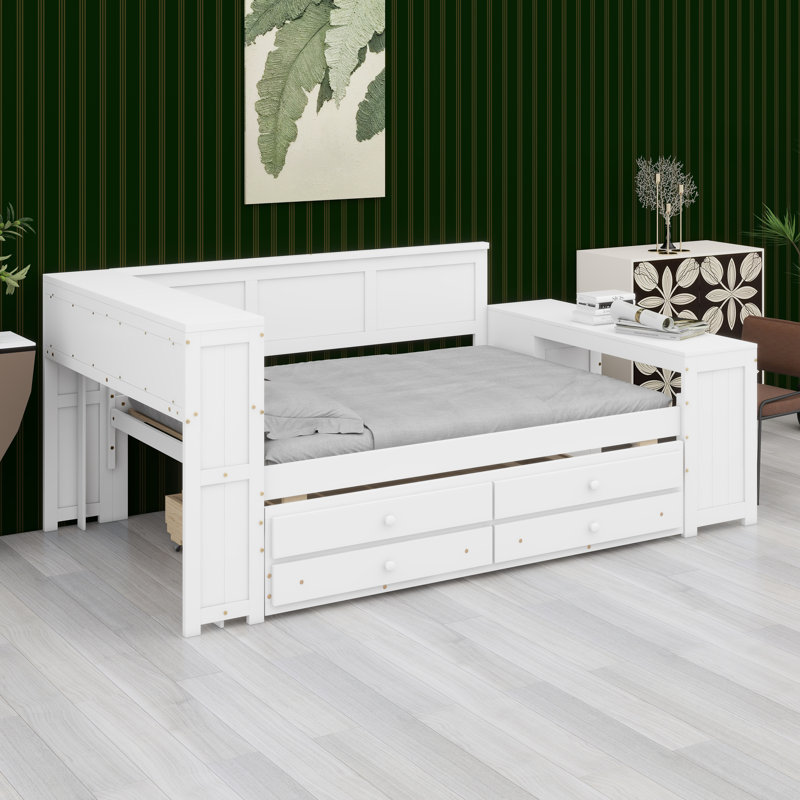 Daybed With Storage Shelves,Drawers,Trundle, White