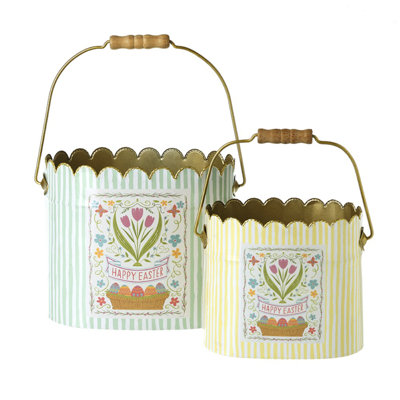 Striped Scallop Edge Metal Buckets Set 2