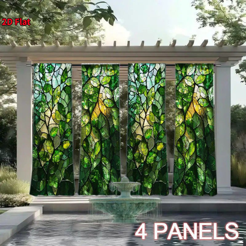 4Pcs Green Leaves Stained Glass Style Curtains for Living Room Bedroom Kitchen, Window Treatment with Rod Pocket, Home Decor, Drapes, Elegant Covering|