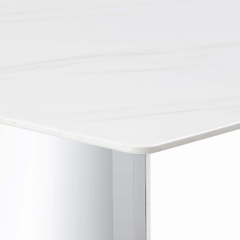 Table de salle à manger en verre marbré (table seulement), H 29,5 po x L 71 po x l 39,3 po, Argent argent, Blanc