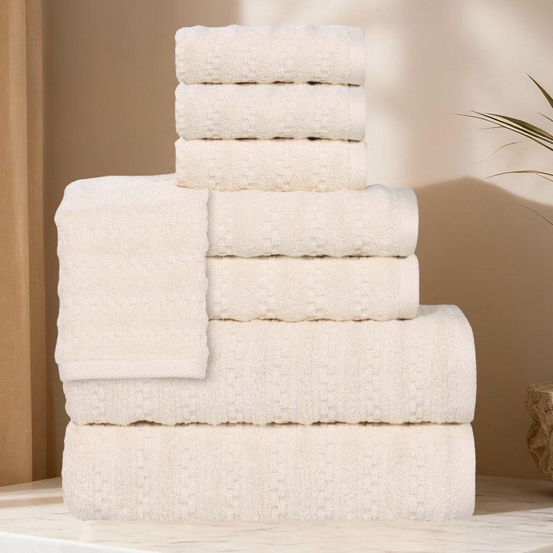Nile Mills  Zero-Twist Cotton Towel Set - Waffle Stripe Texture - Quick-Dry, Ivory
