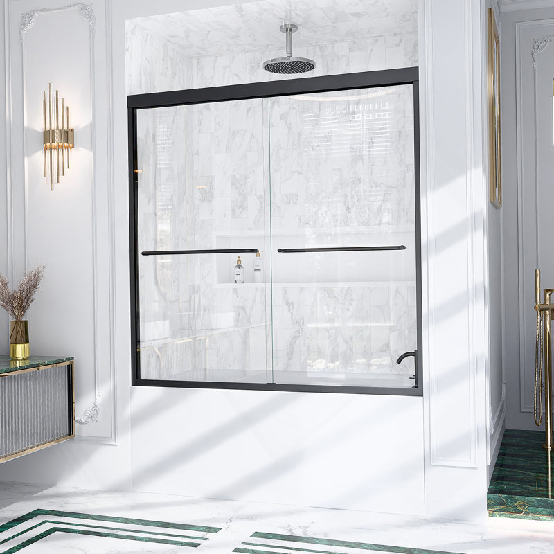 56"-60"W*60" H Semi-Frameless Double Sliding Shower Door, Bypass Shower Door, 1/4" (6Mm) Thick SGCC Tempered Glass Door, Matte Black