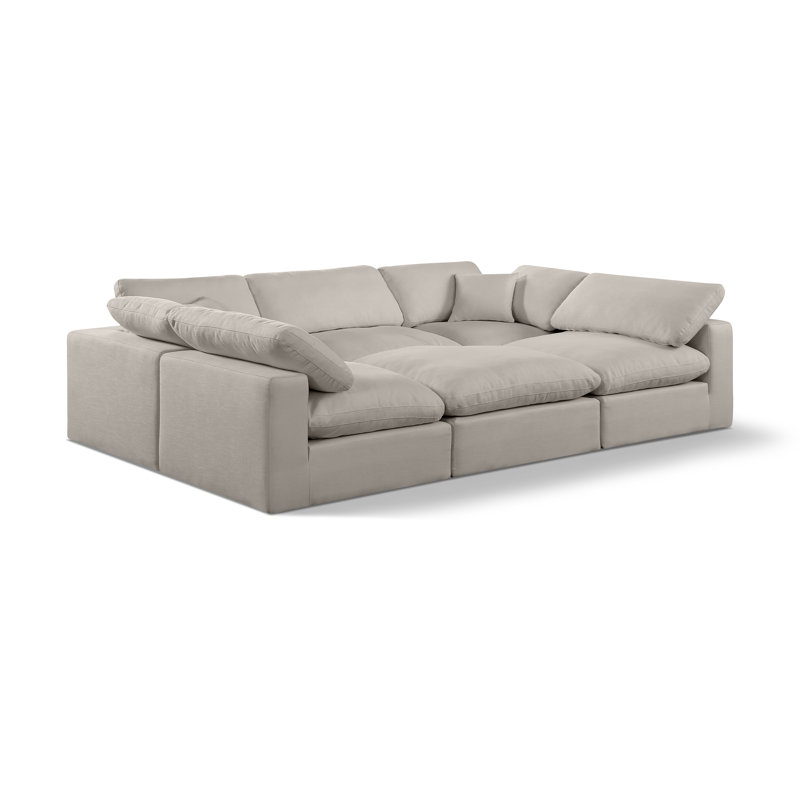 Husnein Upholstered U-Shaped Sectional Reversible, Beige Linen Textured Fabric