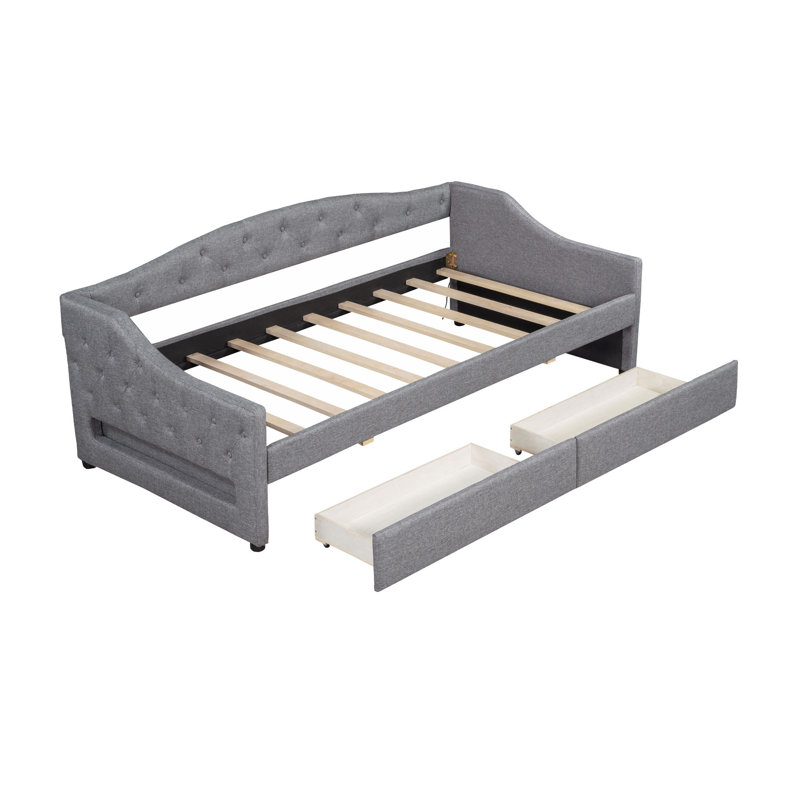 Lit de jour rembourré avec ceinture à DEL et 2 tiroirs, Gris