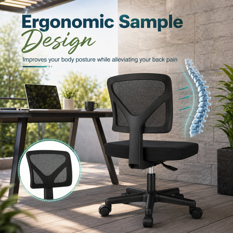 Classic Black Low-Back Mesh Rolling Task Chair, Armless Ergonomic Seat with Lumbar Support for Home, Study, or Bedroom Use