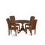 Cet ensemble de salle à manger 5 pièces comprend une table de salle à manger ronde avec piédestal et 4 chaises Parson revêtues de similicuir brun, acajou-669113650-669113647-669113644