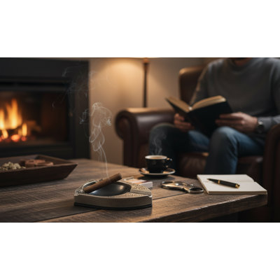 Cendrier cigare argenté Visol Albion - grand métal avec motif de vigne celtique et 3 repose-cigares