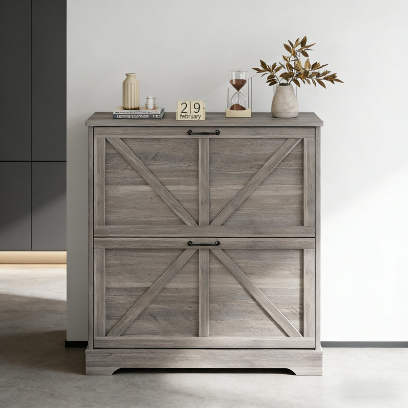 Armoire à chaussures rustique étroite avec 2 tiroirs rabattables, Gris