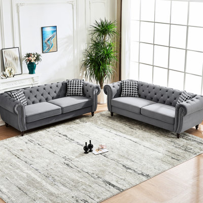 Velours gris 3 + 3 places avec accoudoirs roulés, design Mid-Century pour l'espace de vie principal, structure en bois franc stable, coussins de ressorts confortables, fabrication de canapé de style européen, haute densité de soutien