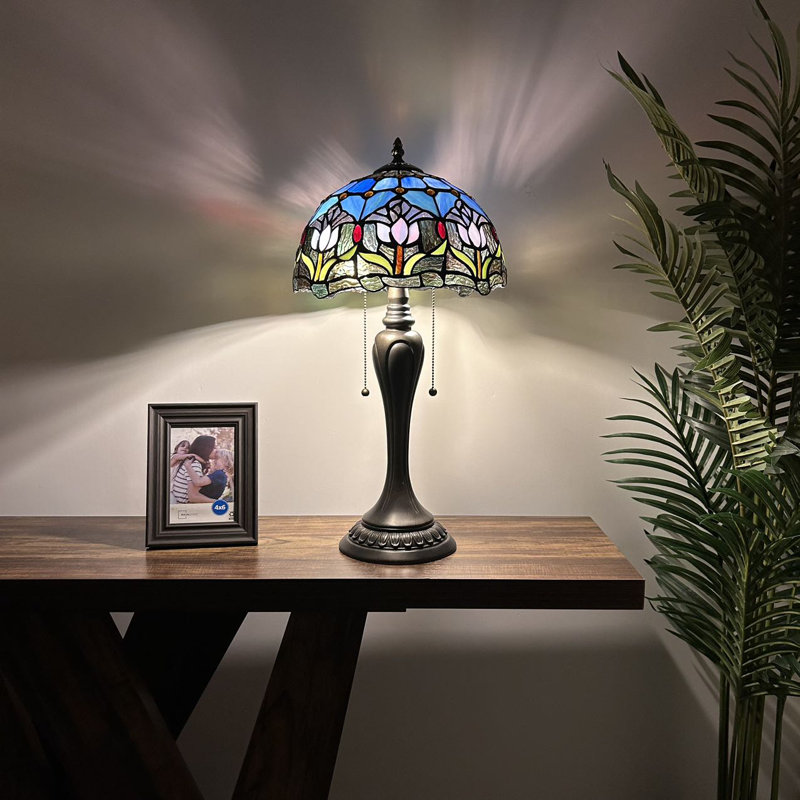 Hamal Tiffany Table Lamp Blue Purple Stained Glass Tulips, LED Bulbs Included 22" H x 12" W