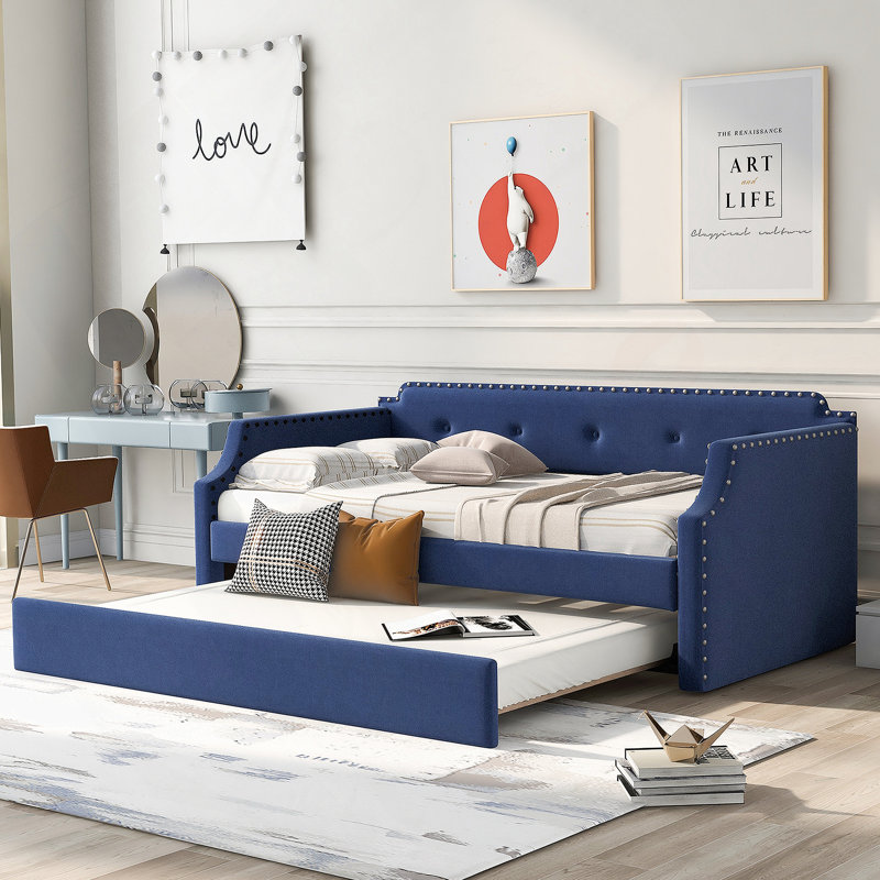 Upholstered Daybed With Trundle, Wood Slat Support,Upholstered Frame Sofa Bed, Blue