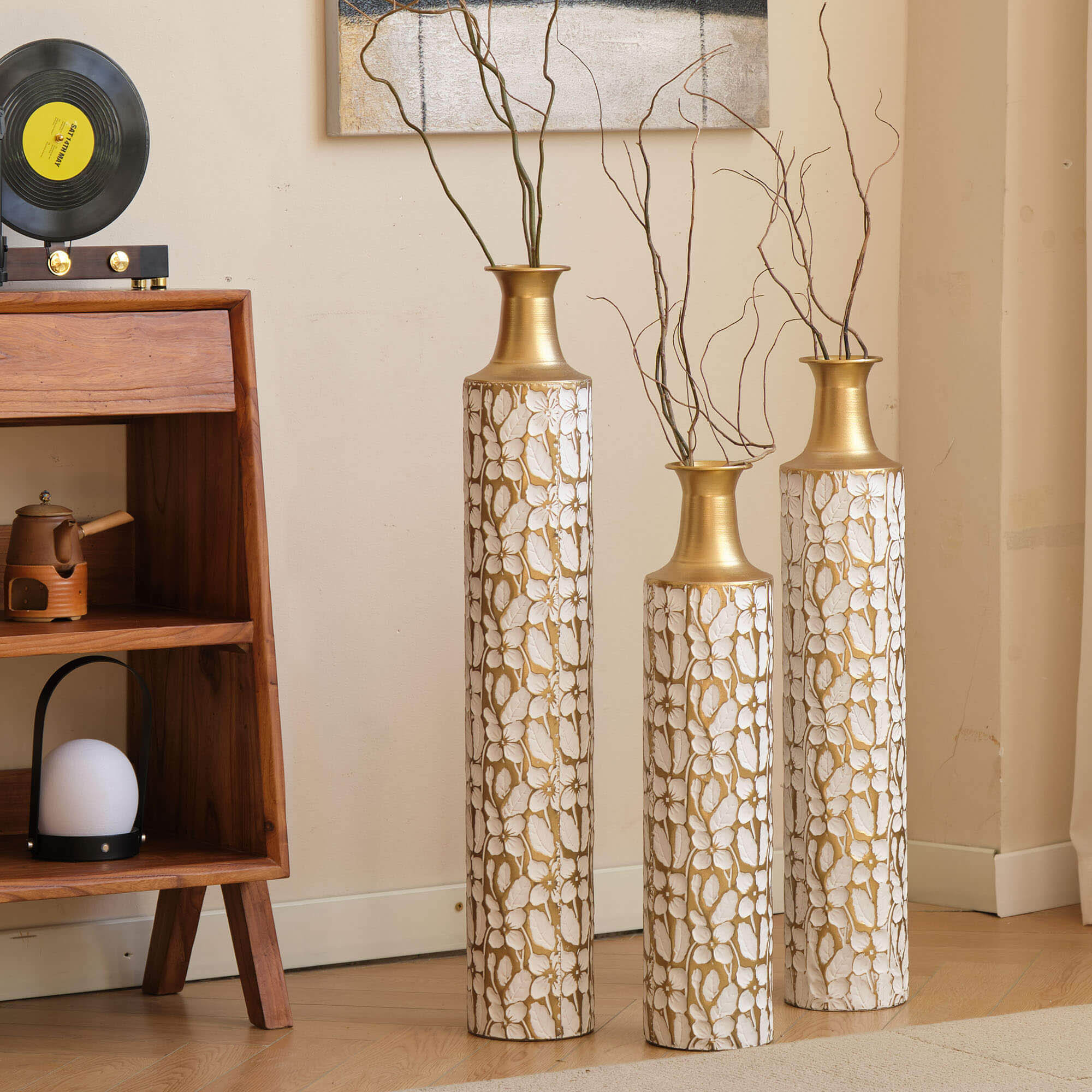 House of Hampton® Metal Floor Vase with Golden Blossom Vine Pattern, Tall Large Flower Vase, Home Decorative Vase (Set Of 3) & Reviews | Wayfair