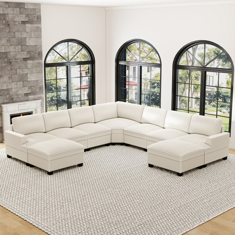9-Piece Modern Spacious Corduroy Corner Sectional Sofa, Cloud Couch With Chaise & Ottoman, Beige Corduroy