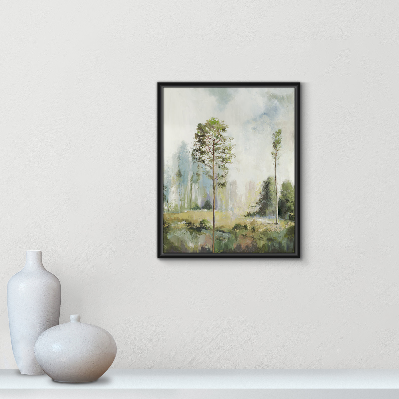 Tall Green Trees I by Teton Pearce - Floater Frame Print on Canvas, 21.5" H x 17.5" W, Black