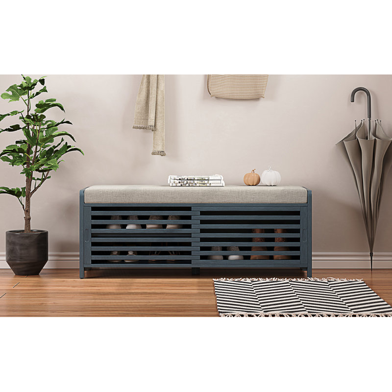 Banc à chaussures avec rangement et coussin, banc de rangement avec charme rétro, banc de vestibule, Navy