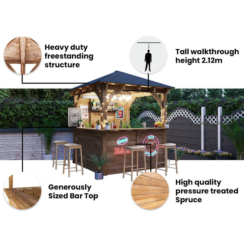 Dunster House Garden Bar 2.5 x 2.5m, Premium Wooden Outdoor Pub Shed with Gazebo Roof, Kiosk-Style Counter, Leviathan L Shape