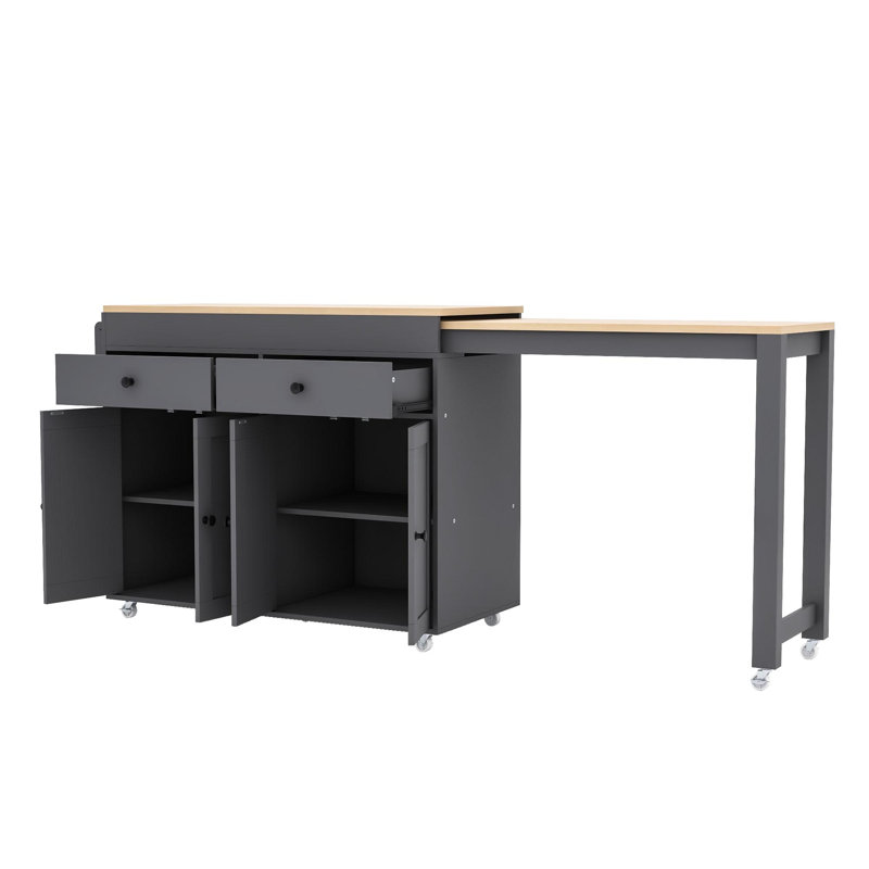 Limbrey Expandable Kitchen Island on Wheels with 2 Drawers and 2 Cabinets, Gray
