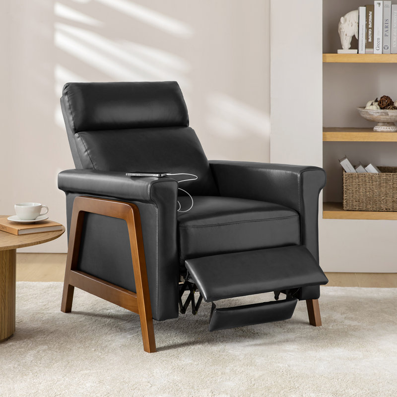 Fauteuil inclinable électrique en cuir véritable Aryaman avec ports USB, Cuir véritable noir