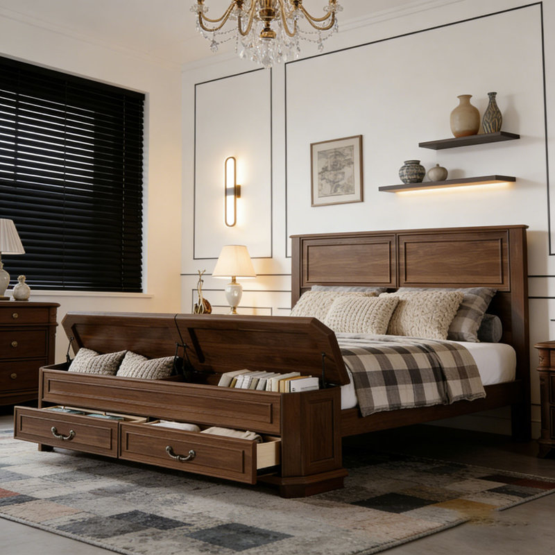 Grand lit avec tête de lit et banc de rangement avec 2 grands tiroirs, Noyer