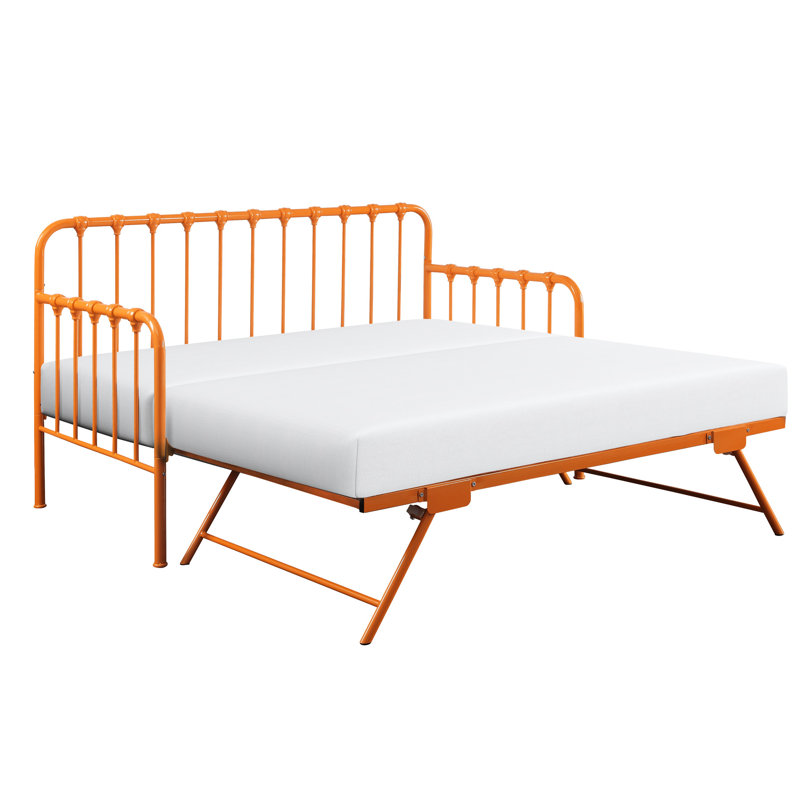 Lit de jour en métal avec couchette relevable orange, essentiel pour la chambre à coucher, design classique, solution de rangement facile dans les meubles de finition, aucune base requise, pieds pliants et