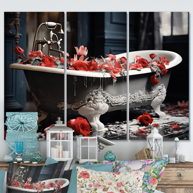 «Red Floral Bath II» sur toile, reproduction de 3 pièces, H 32 po x l 48 po x P 1 po